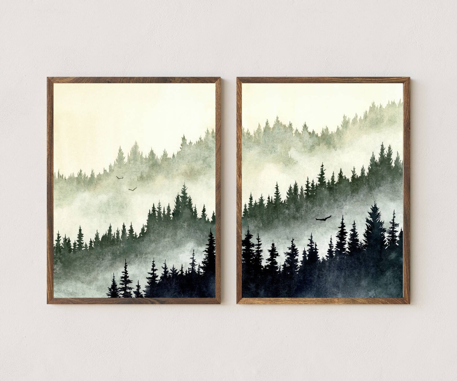 Forest Print Set of 2 Pine Tree Wall Art Foggy Forest Watercolor ...