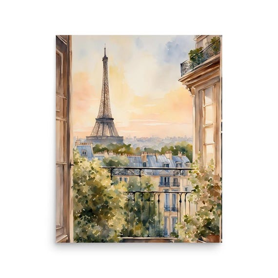 パリのポスターバルコニーの景色水彩画フランスの夕日エッフェル塔絵画