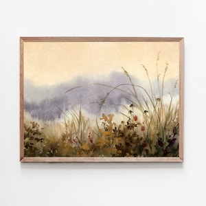 Herbst Landschaft Bilder Aquarell Kunstdruck Herbst Wiese Blumen Malerei Bilder Wohnzimmer Herbst Feld große Wandkunst beige blau