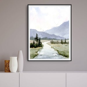Mountain River Landscape Watercolor Painting Pine Tree Wall Art Neutral ...