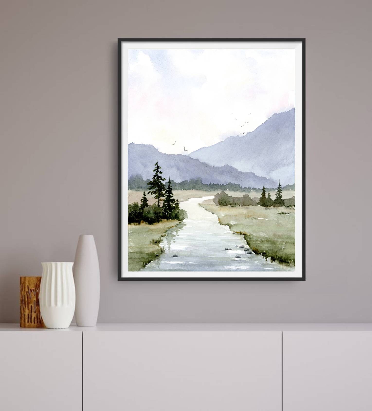 山の風景の水彩画、森の絵、山の湖の写真、リビングルームのポスター