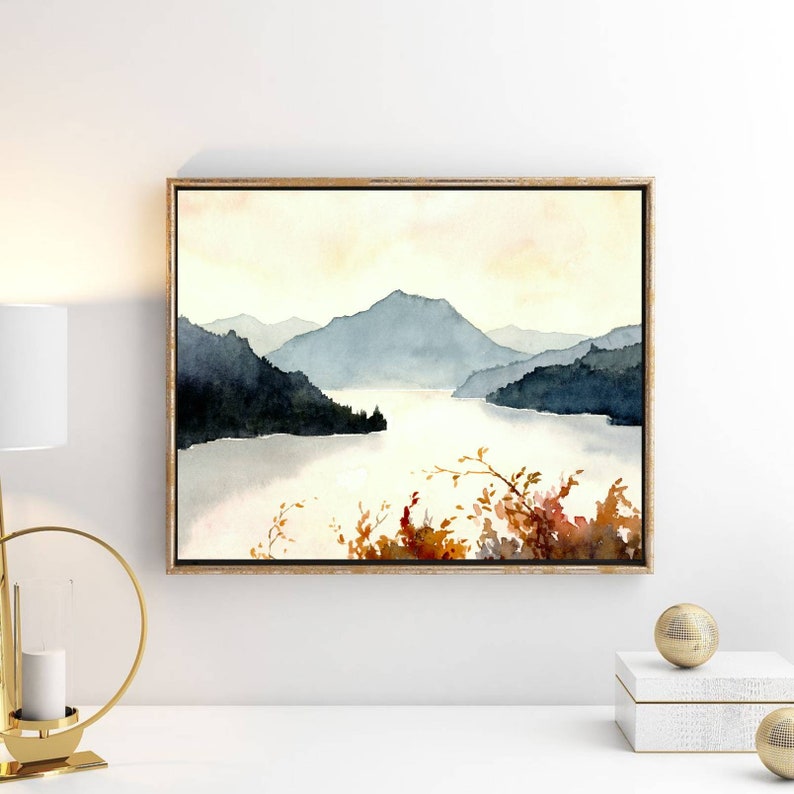 Mountain Lake Wall Art Sunset Lake Watercolor Painting Large Etsy