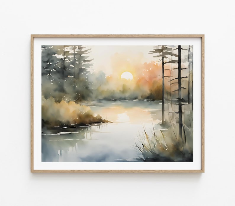 Sunrise Forest Lake Painting Pine Trees Watercolor Art Print Neutral ...