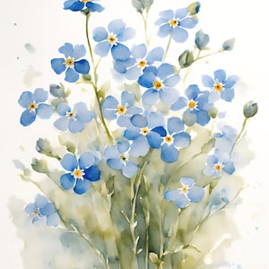 May include: A watercolour painting of a bunch of blue forget-me-not flowers with yellow centres. The flowers are arranged in a loose, natural style, with some buds and stems visible. The background is a soft, white wash.