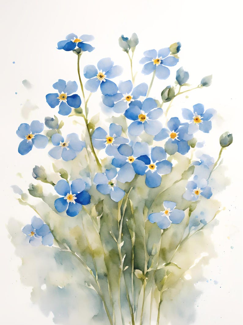 May include: A watercolour painting of a bunch of blue forget-me-not flowers with yellow centres. The flowers are arranged in a loose, natural style, with some buds and stems visible. The background is a soft, white wash.