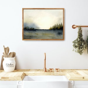 Misty forest print watercolor pine tree wall art watercolor landscape painting large neutral wall decor dark forest painting blue beige image 7