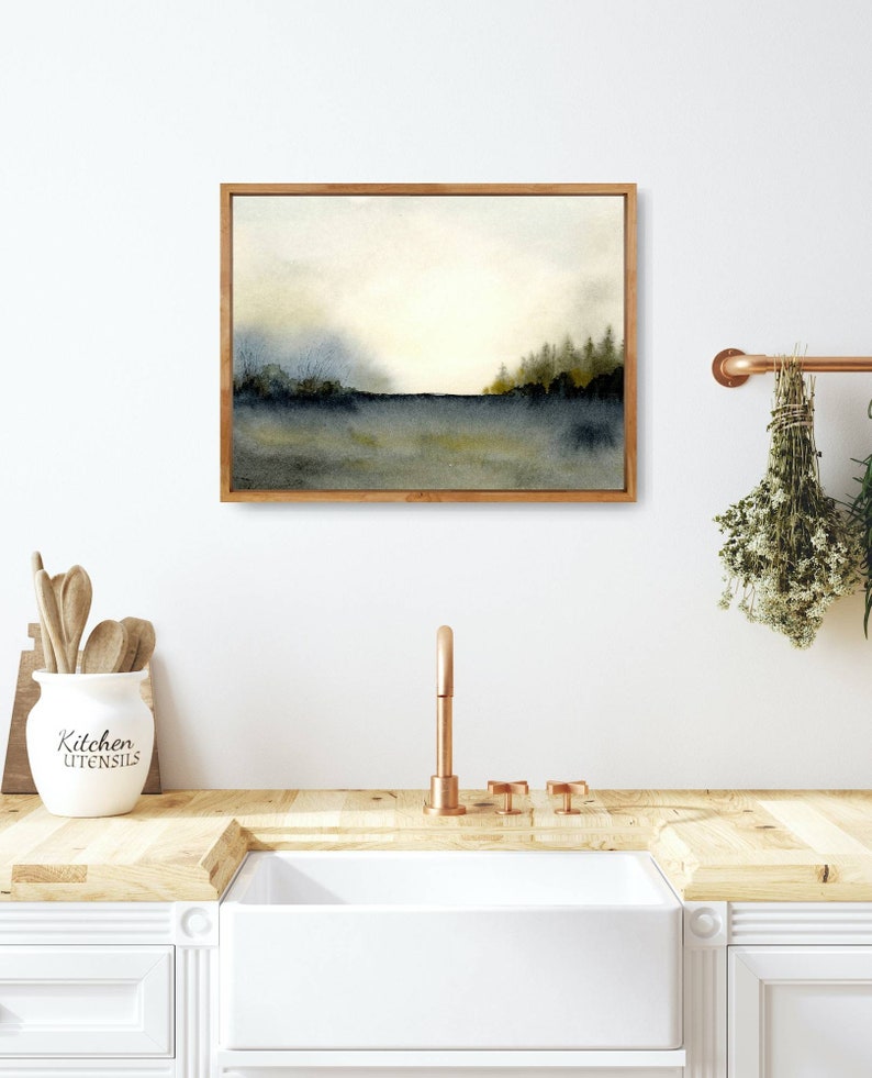 Misty forest print watercolor pine tree wall art watercolor landscape painting large neutral wall decor dark forest painting blue beige image 7