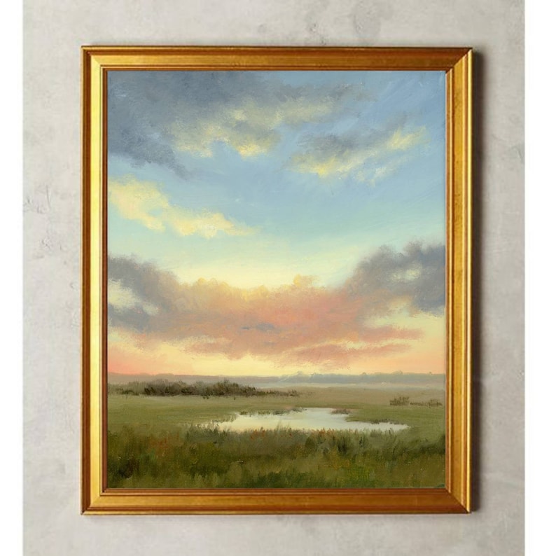 Oil painting sunset fine art print sunset field wall art small landscape cloud painting cloudy sky print countryside landscape image 5