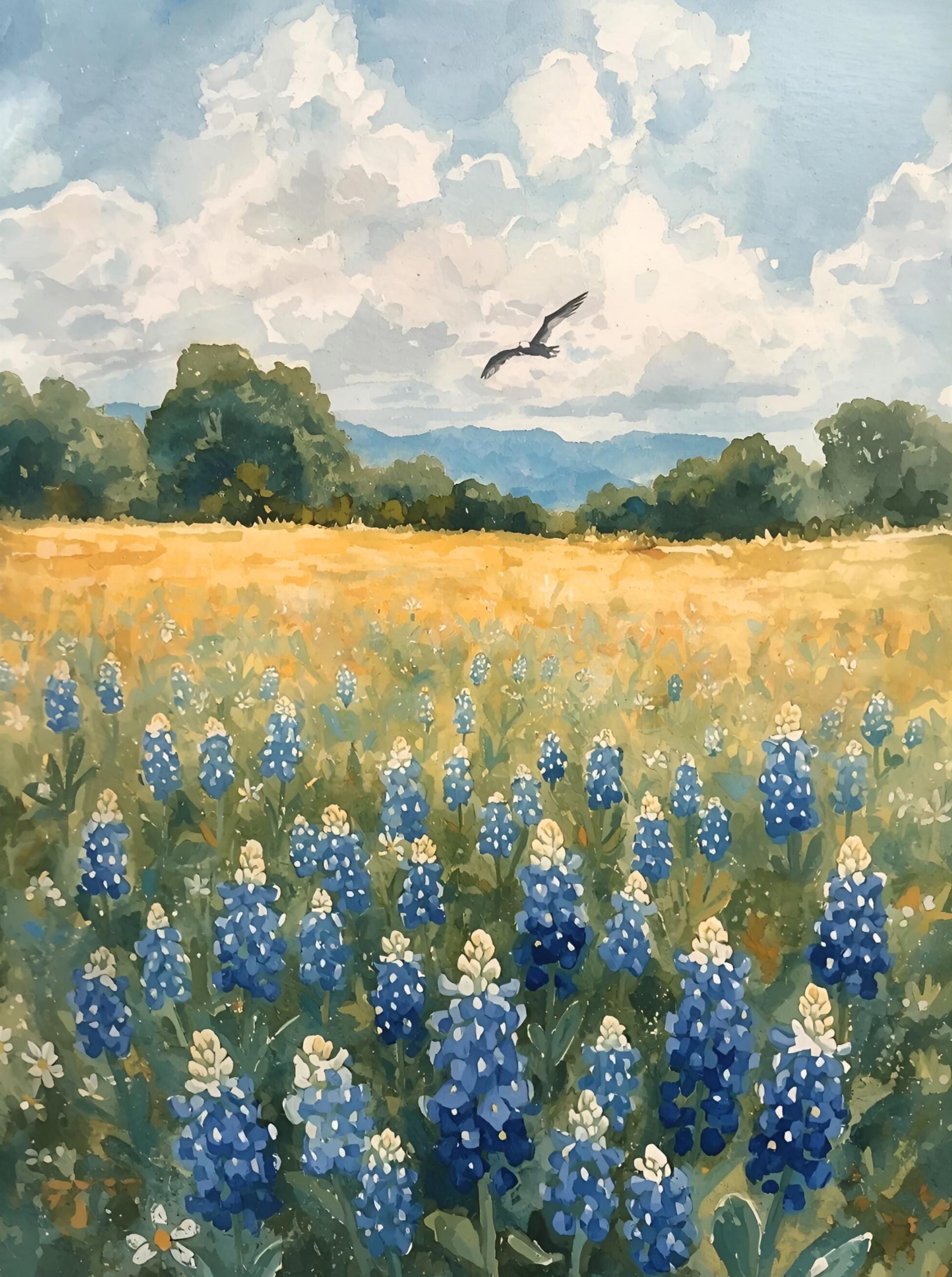 Bluebonnet Painting Texas Landscape Art Print Field of Flowers Wall Art ...