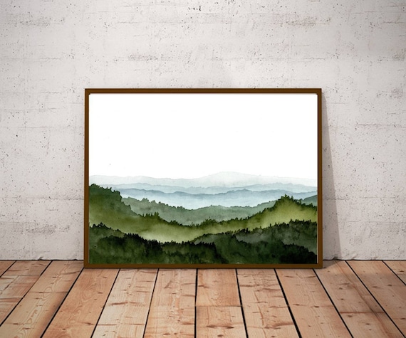 Wall Landscape Poster - Mountains Decor Abstract Hills Green Mountain Painting Green Art Teal Blue Forest Watercolor Etsy Minimalist Valley
