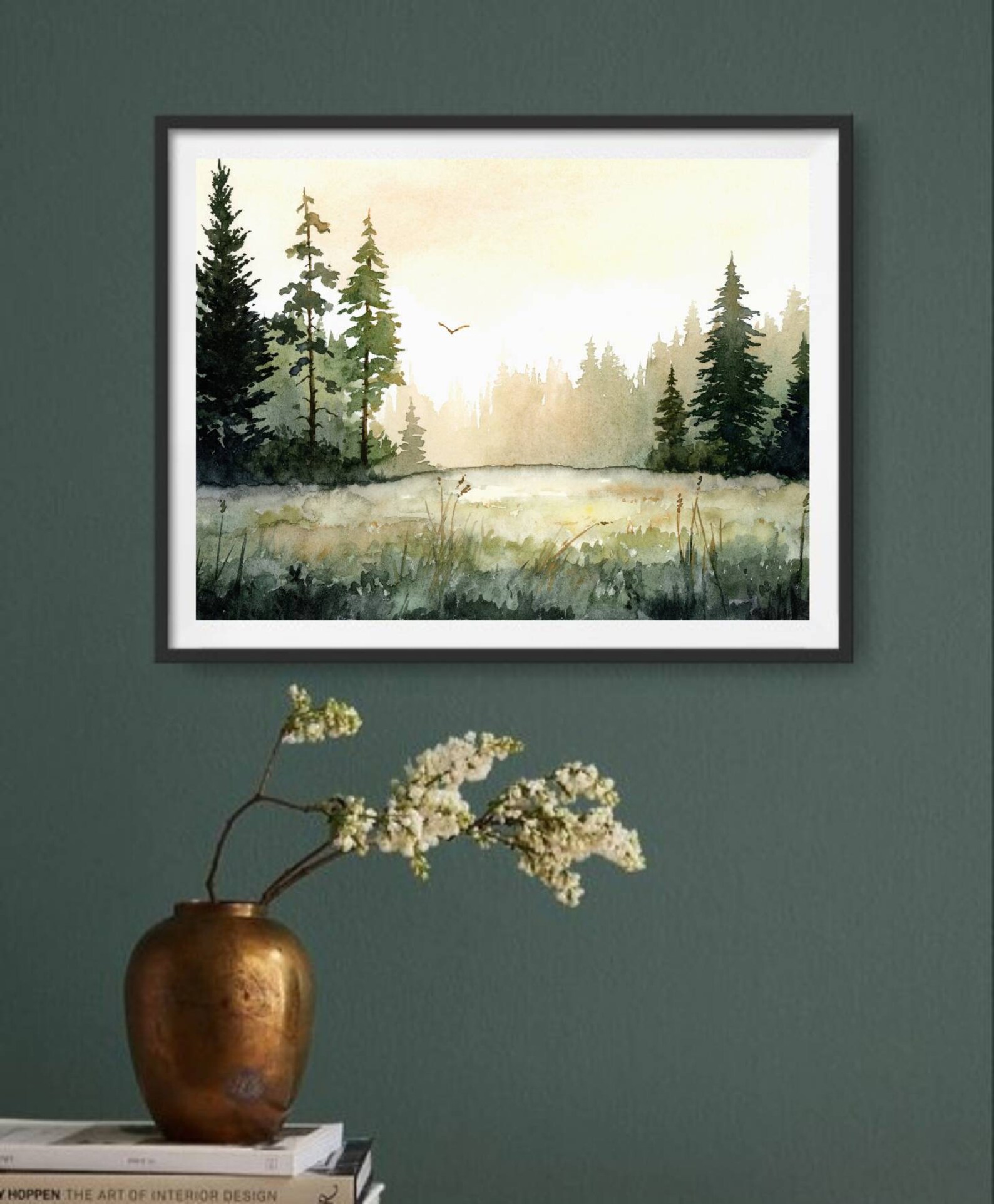 Sunrise Forest Wall Art Pine Tree Watercolor Painting Print Large ...