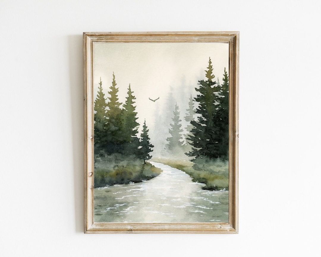 Forest River Watercolor Painting Art Print Mountain Painting Large Pine ...