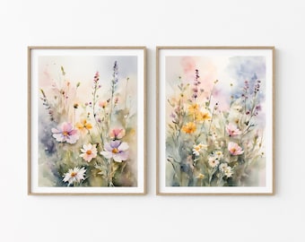Wildflowers Painting Set Spring Flower Watercolor Art Prints Set Of 2 Flower Meadow Wall Art Set Field Of Flowers Artwork Easter Decor