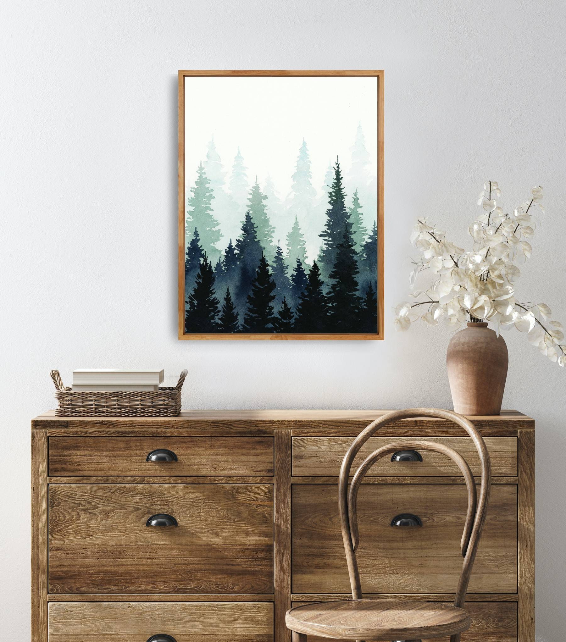 Pine Tree Wall Art Forest Watercolor Indigo Blue Large Abstract ...