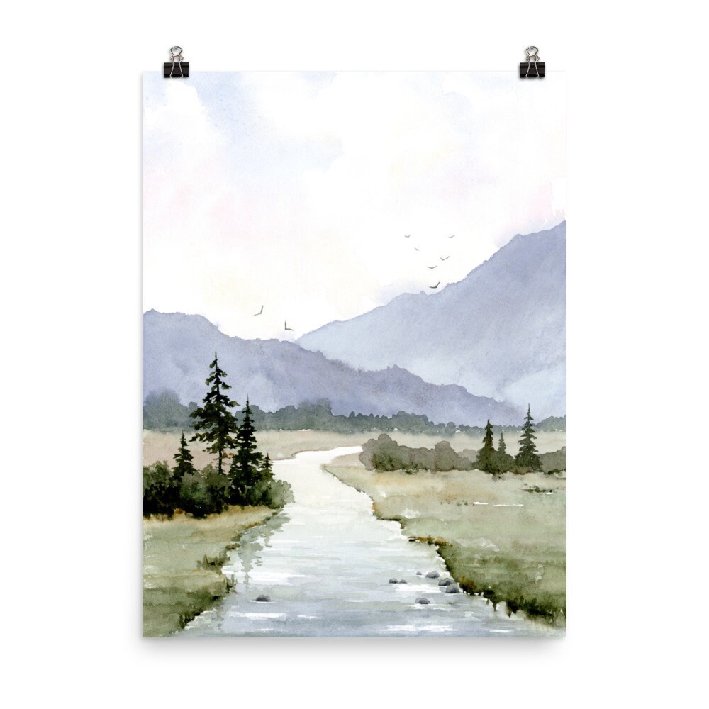 山の風景の水彩画、森の絵、山の湖の写真、リビングルームのポスター