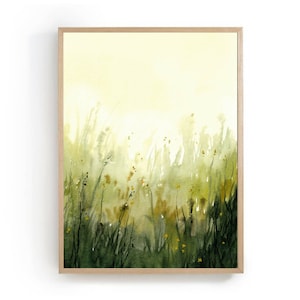 Watercolor painting landscape abstract wall art green field art print sunrise meadow print wildflowers poster abstract landscape