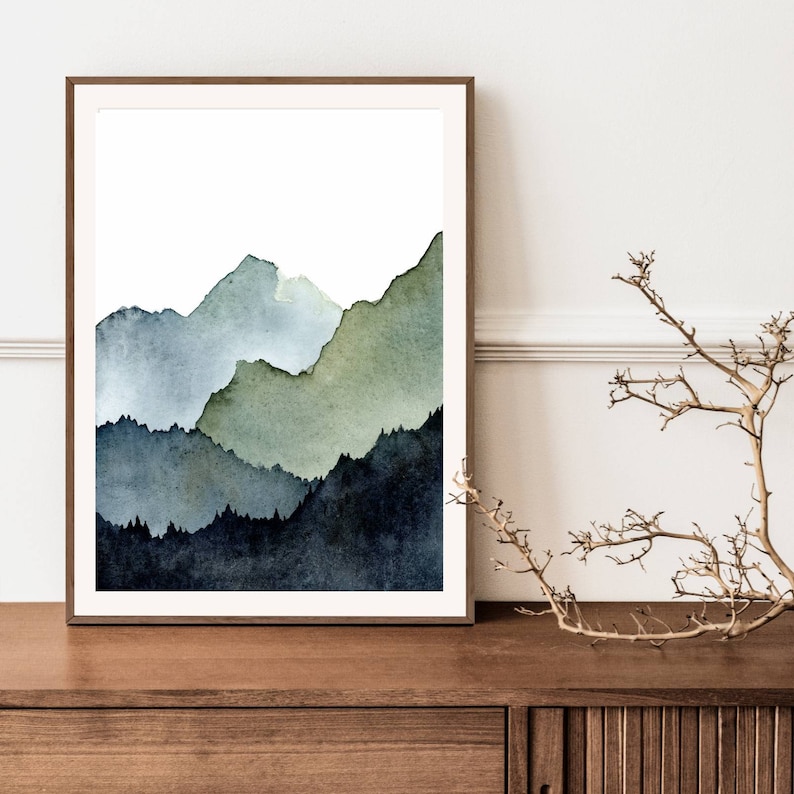 Aquarell Landschaft Berge Malerei abstrakte Kunst Bilder Wohnzimmer vertikal nebeliger Wald Kunstdruck minimalistisch blau grün Poster XXL Bild 2