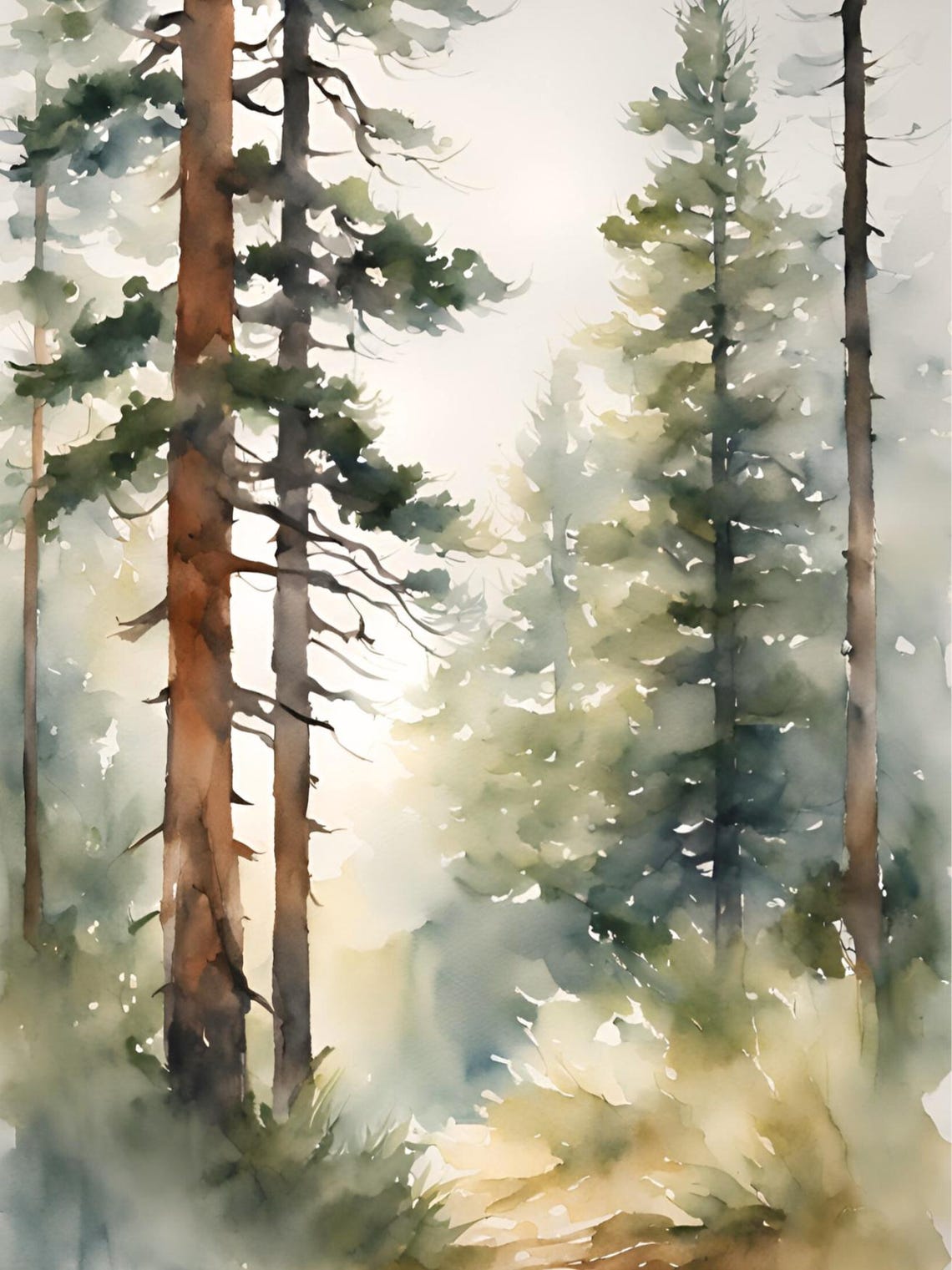 Sunrise Forest Painting Pine Tree Watercolor Art Print Alaska Tongass ...