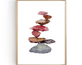 Stones watercolor balancing stones art print large pink gray painting large wall art stacked stones aesthetic poster minimal Giclée print