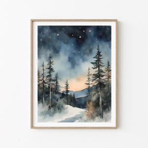 May include: Watercolor painting of a snowy forest scene with a dark blue sky and white stars. The trees are silhouetted against the sky, and there is a path leading into the distance.