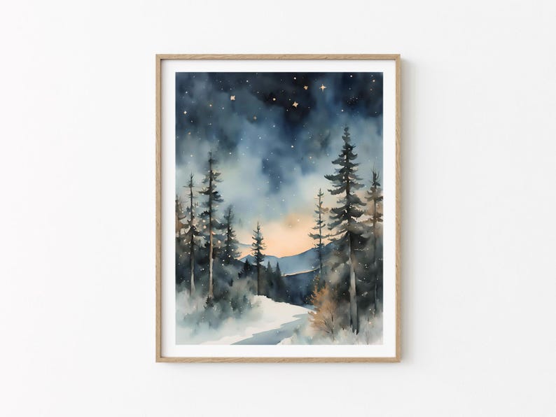 May include: Watercolor painting of a snowy forest scene with a dark blue sky and white stars. The trees are silhouetted against the sky, and there is a path leading into the distance.
