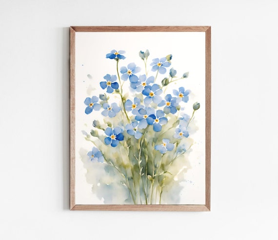 Vergissmeinnicht Bilder Aquarell Druck Blumen Malerei Aquarellbilder Wildblumen Poster Geschenk Landhaus Deko moderne Kunst