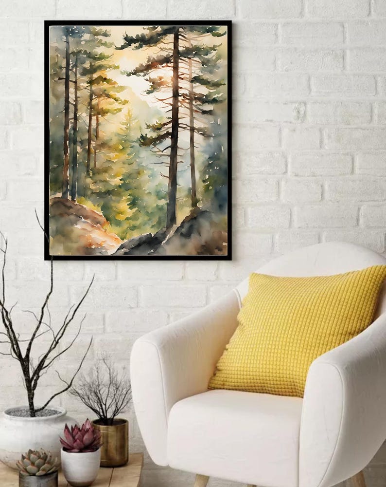 Pine Trees Painting Sunrise Forest Art Print Watercolor Landscape Sunny ...