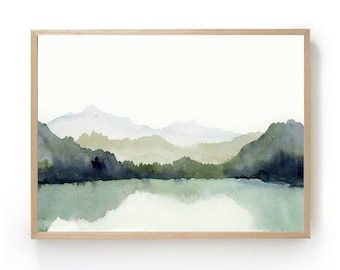 Mountain lake painting large minimalist art print norway watercolor landscape indigo blue wall art sage green lake painting panorama