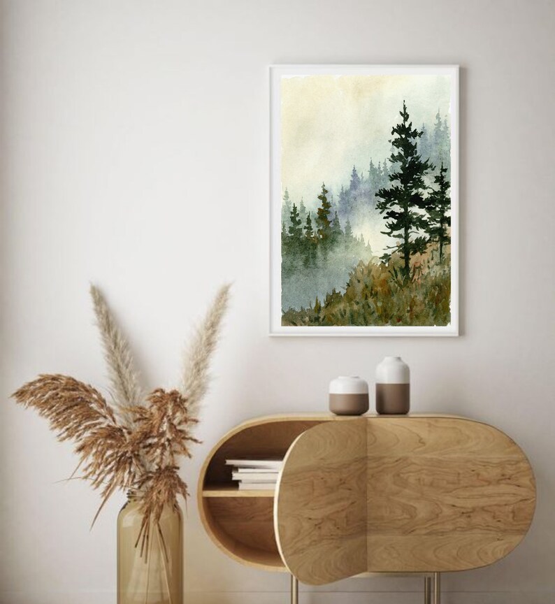 Pine Forest Art Print Mountain Painting Pine Tree Wall Art Watercolor ...