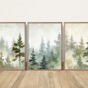 Wald Poster Set von 3 Aquarellbilder Druck nebeliger Wald Landschaft große Wandkunst Panorama Landschaft Bilder Wohnzimmer beige grün