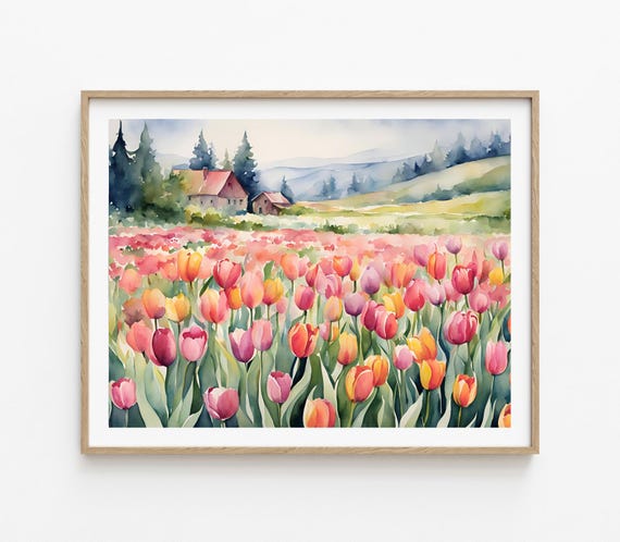 チューリップ畑の風景画アートプリント写真春の水彩画森の小屋カラフル
