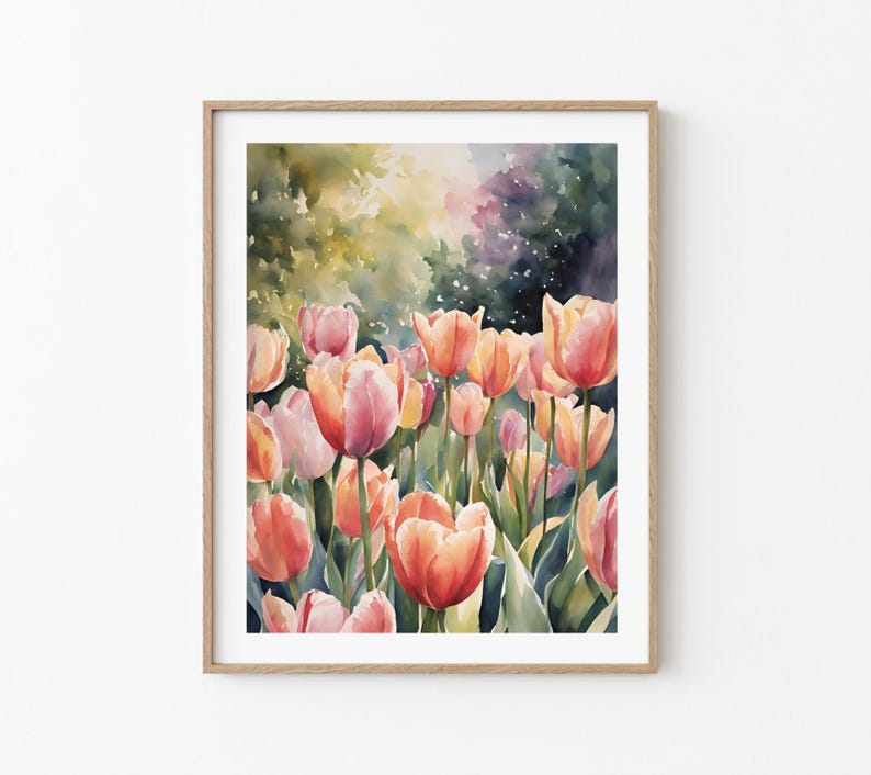 Tulip Meadow Painting Spring Wall Art Spring Flower Watercolor Art ...