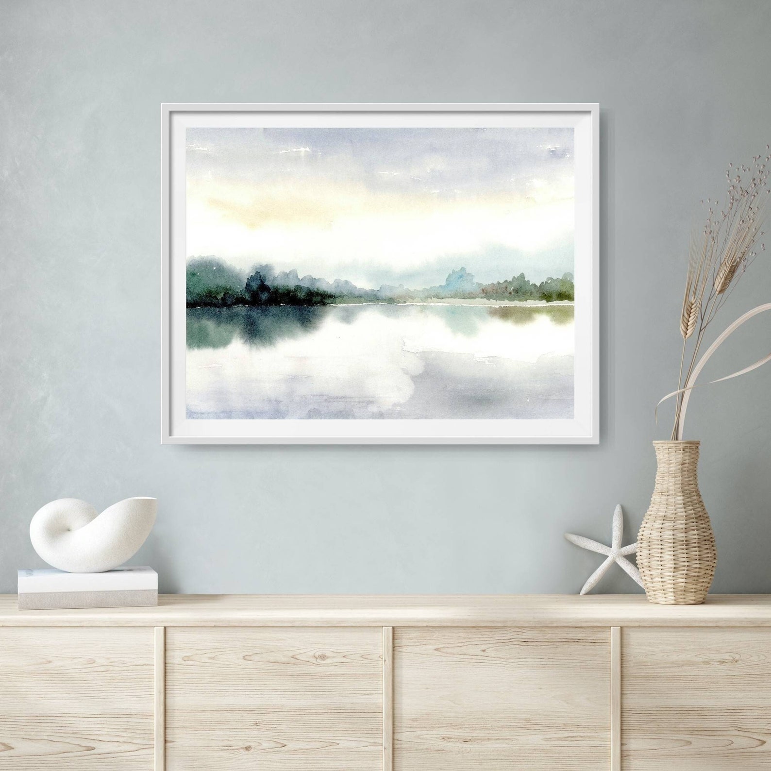 Watercolor Light Blue Landscape Art Print Misty Lake Art Work - Etsy