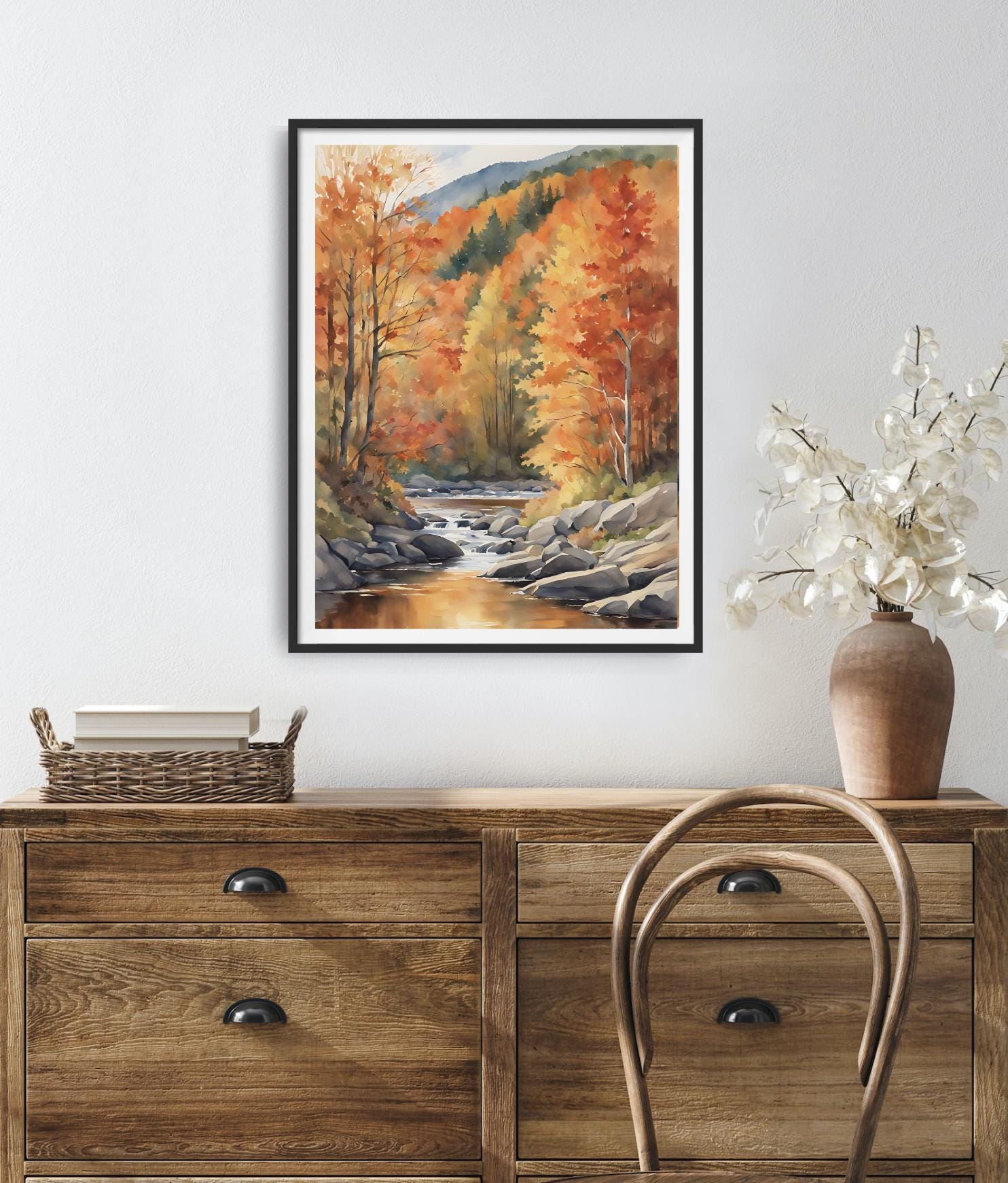 Fall Forest River Watercolor Art Print Autumn Landscape Painting Fall ...