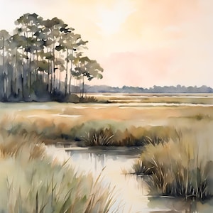 Marsh Sunset Painting Charleston Lowcountry Watercolor Art Print Salt Marsh Landscape Artwork Large Wall Art Beige Green Poster