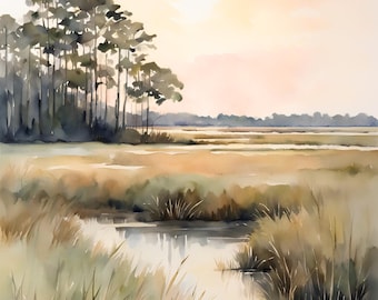 Marsh Sunset Painting Charleston Lowcountry Watercolor Art Print Salt Marsh Landscape Artwork Large Wall Art Beige Green Poster