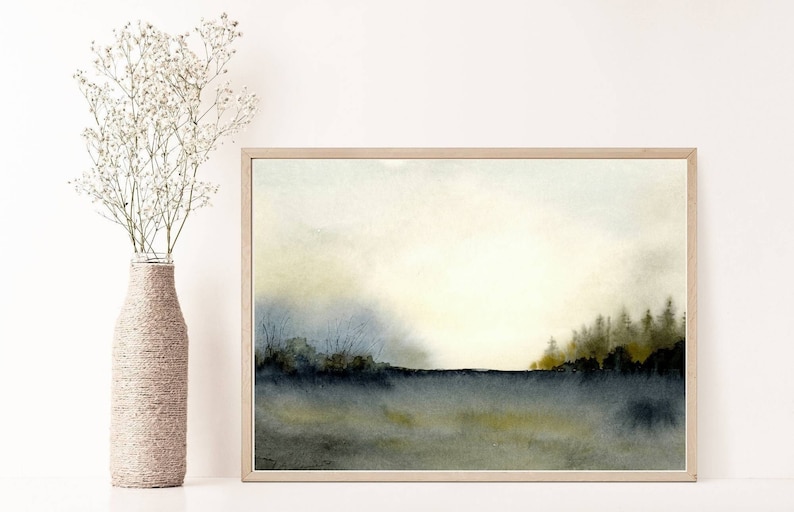 Misty forest print watercolor pine tree wall art watercolor landscape painting large neutral wall decor dark forest painting blue beige image 6