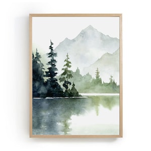 May include: Watercolor painting of a mountain range with a lake in the foreground. The mountains are painted in shades of blue and green, and the lake is a light blue. There are trees on the shore of the lake.