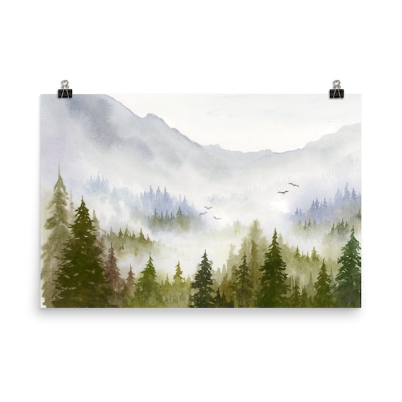 Nebeliger Wald Aquarell Druck große Bilder horizontal Berglandschaft  Kunstdruck Aquarellbilder Tannen Wald Wand Poster Berge Zugvogel Kunst