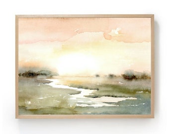 Watercolor sunset art print panoramic landscape painting neutral peach pink yellow sky poster abstract river wall art horizontal