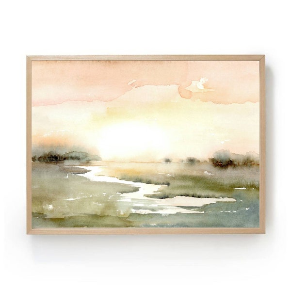 Watercolor sunset art print panoramic landscape painting neutral peach pink yellow sky poster abstract river wall art horizontal