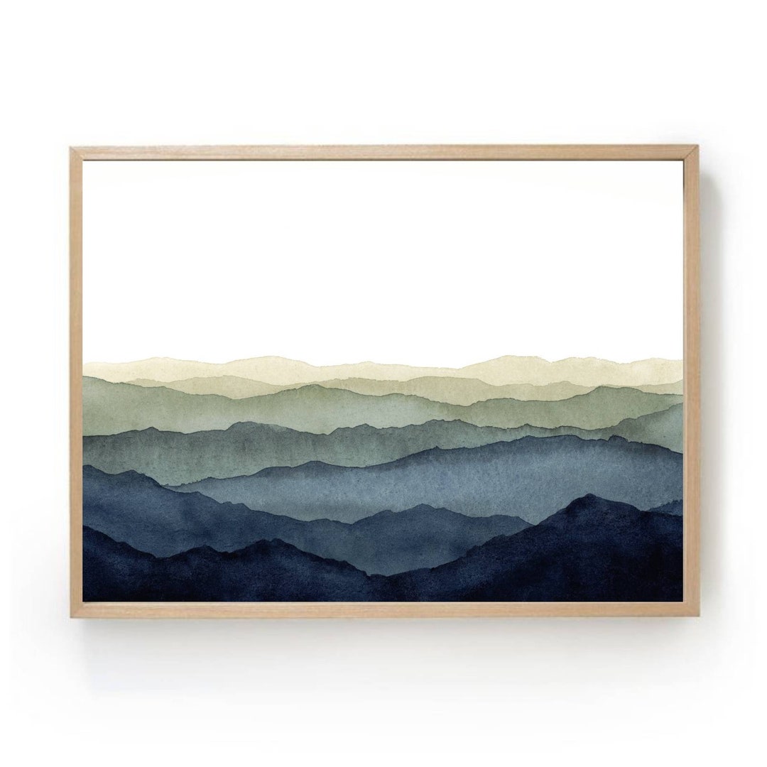 Minimalist Landscape Blue Mountains Wall Art Watercolor Painting Misty
