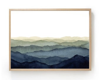 Minimalist landscape blue mountains wall art watercolor painting misty mountain print large wall art abstract landscape beige indigo blue