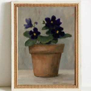 May include: A painting of a potted violet plant with purple flowers in a terracotta pot. The plant is set against a light gray background.