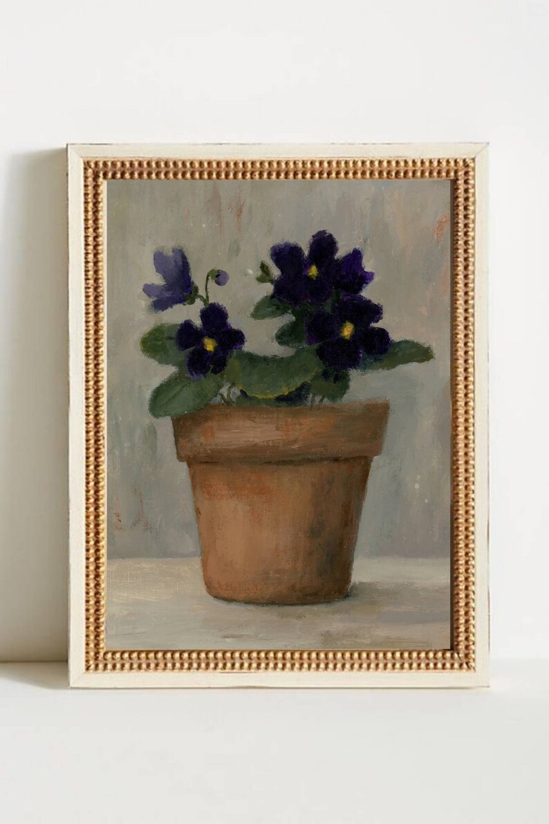 May include: A painting of a potted violet plant with purple flowers in a terracotta pot. The plant is set against a light gray background.