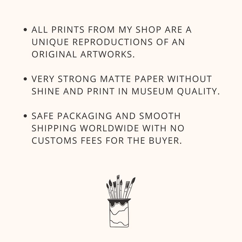 May include: The image contains text about art prints, highlighting unique reproductions on matte paper. A drawing of paintbrushes in a decorative holder is at the bottom of the image.