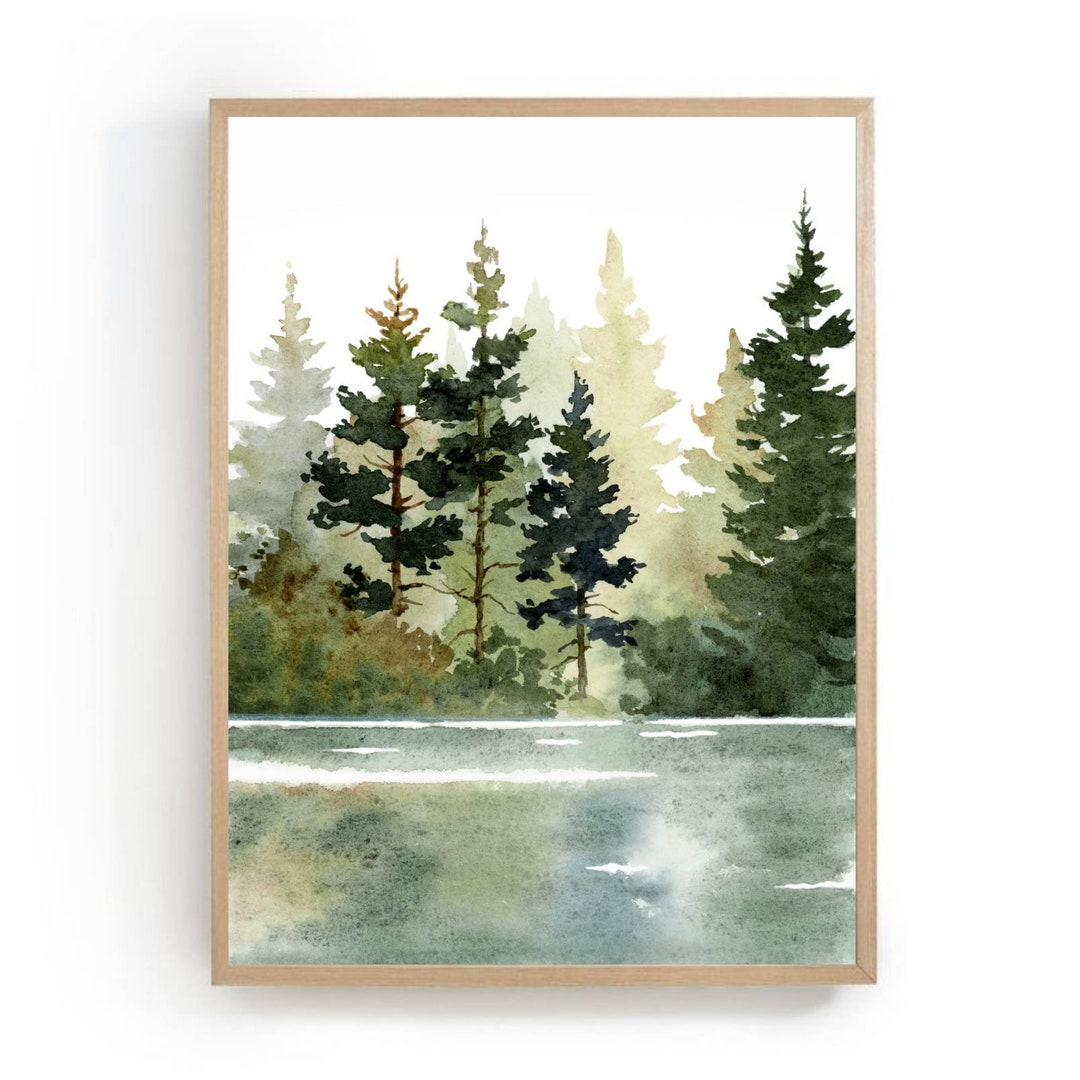 Forest Lake Watercolor Painting Pine Tree Art Prints Minimalist Wall ...