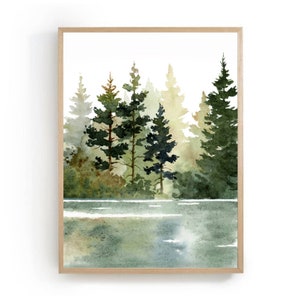 Forest lake watercolor painting pine tree art prints minimalist wall art abstract landscape cottage home decor pine forest wall decor