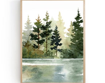 フィンガーレイクスの絵画、森の湖の水彩画アートプリント、松の木の壁