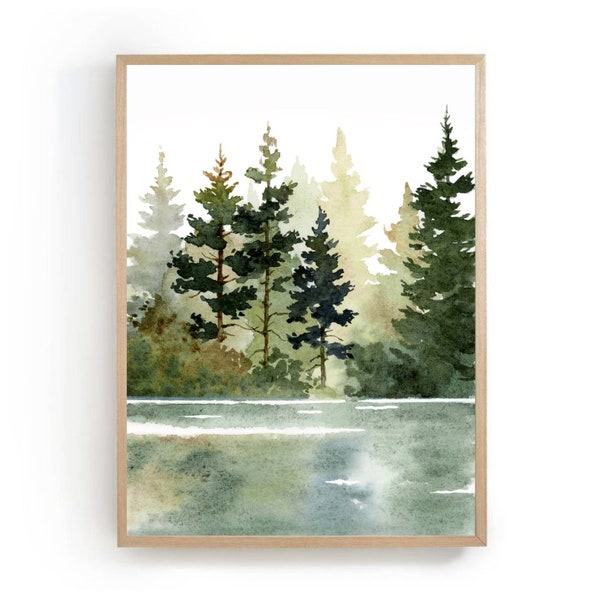 Forest lake watercolor painting pine tree art prints minimalist wall art abstract landscape cottage home decor pine forest wall decor
